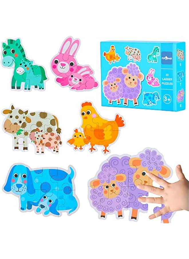 فلاينغ سيدز 6 عبوات من احجية الصور المقطوعة الخشبية بطابع الوالدين والاطفال الصغار من سن 1 الى 3 سنوات، احجيات رفع المستوى للمبتدئين، العاب مونتيسوري التعليمية لنشاط عائلي لمرحلة ما قبل المدرسة للاطفال من سن 2-5 سنوات - Image 1